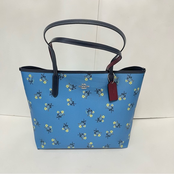 Coach City Tote With Floral Bow Print In Blue Multi & Silver- New W/Tag- Reemoly
